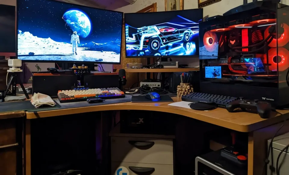 Multi-screen workstation with gaming PC and racing equipment