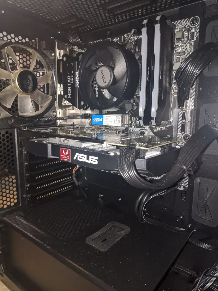 PC internals with graphics card and liquid cooling