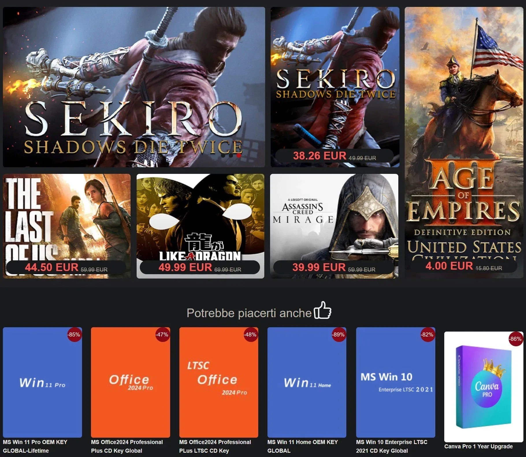 Small previews of Windows 11 Pro, Office 2024, Office LTSC, Windows 11 Home, Windows 10 Enterprise and Canva Pro